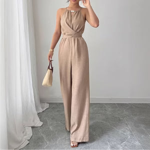 Cinched Waist Sleeveless Tie Up Halter Neck Off Shoulder Comfortable Jumpsuit