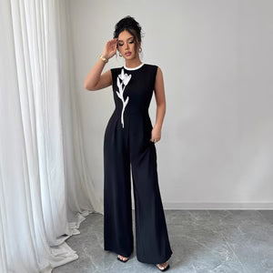 Elegant Embroidered Black Crew-Neck Sleeveless Wide-Leg Jumpsuit