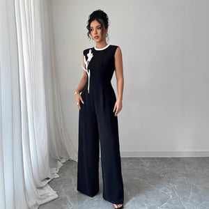Elegant Embroidered Black Crew-Neck Sleeveless Wide-Leg Jumpsuit