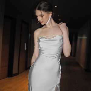 Fashionable And Sexy Slit-back Dress With Diamond-chain Straps