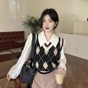 French-style Vintage White Polo-collar Long-sleeve Shirt