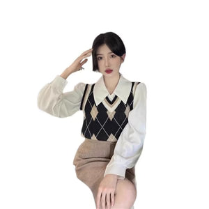 French-style Vintage White Polo-collar Long-sleeve Shirt