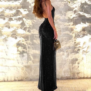 Women's Sexy Backless Gold-Embossed Pleated Bodycon Elegant Slip Dress